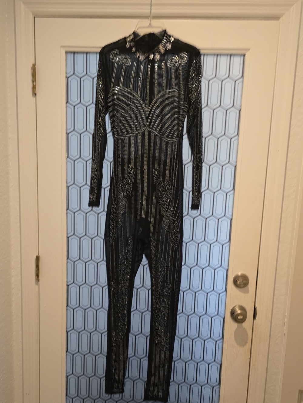 Black Sheer Rhinestoned  Long-Sleeve Jumpsuit
